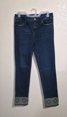 White House Black Market Slim Crop Jeans Dark Wash Sz 6 Diamond Embroidered Hem